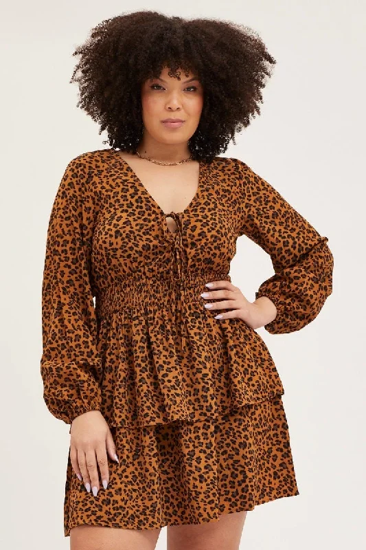 Style Redefined Animal Print Skater Dress V-neck Long Sleeve Contemporary Chic