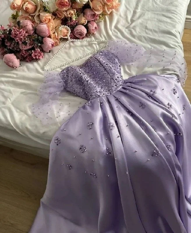 Valentine's Special Lilac A-Line Satin Beading Long Formal Prom Dress with Long Sleeves, MD7957 Feminine Soft - Hued Look