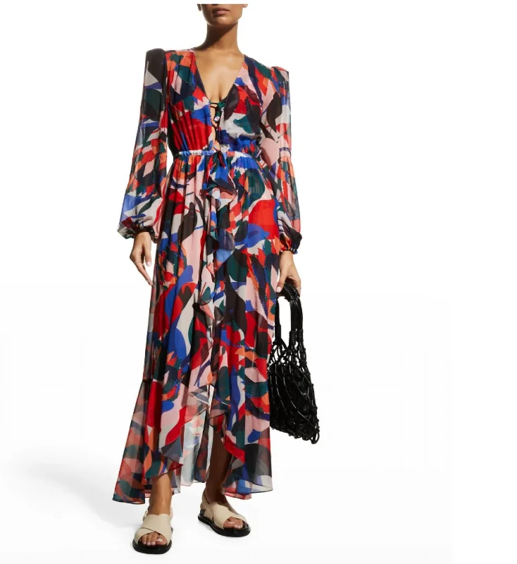Fashion Sale Protea Beaded Tie-Front Waist Long Sleeve Robe Maxi Dress in Poppy Romantic Detailing