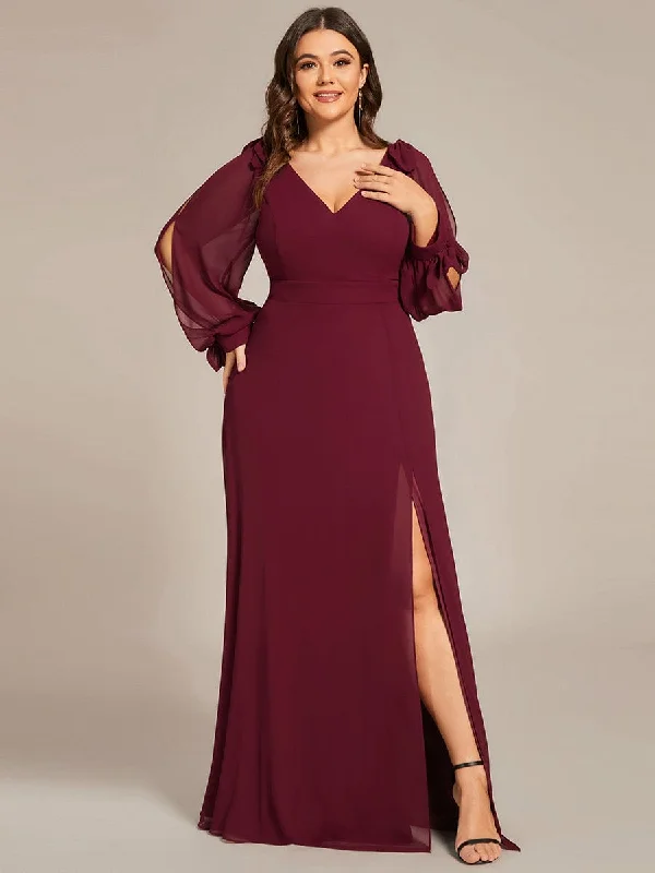 Bold Fashion Sales Custom Size Double V-Neck High Slit Long Sleeve Formal Dresses Luxury Style