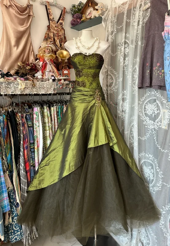 Hot Deals Green Strapless A-Line Beading Satin Vintage Long Party Dress Prom Dress, D347 Cottagecore Rustic Charm Style