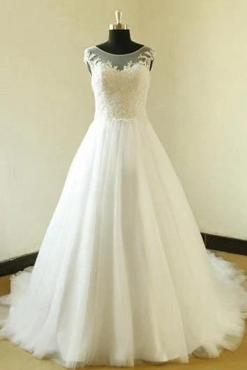 Special Offer Cap Sleeve A-Line Tulle Dress With Lace Bodice and Illusion Back Luxury Style