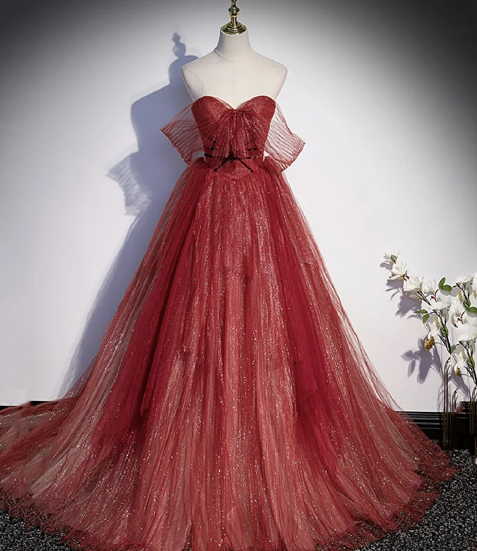 Bold Fashion Sales Burgundy tulle sequins long prom dress A line evening gown s55 Casual Weekend Relaxed Style