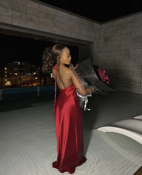 End Of Season Sale Charming Red Halter Sheath Satin Black Girl Long Party Dress, MD7922 Y2K Nostalgic Fashion Look