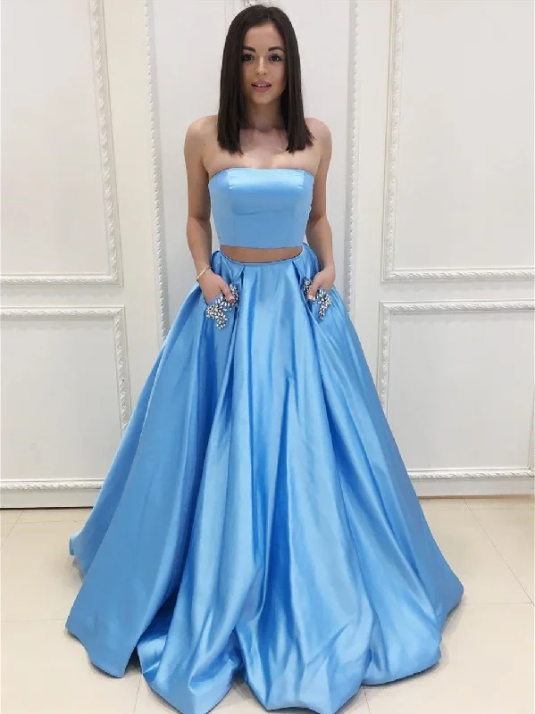 Fashion Essentials Two Piece Strapless Blue Satin Long Prom Dresses with Beading Pockets, Blue Formal Dresses, Two Pieces Blue Evening Dresses Vintage Retro Party Wear