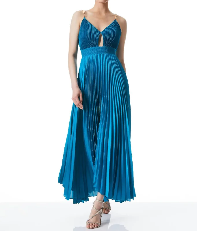 Weekend Exclusive Gloria Chain Strap Pleated Cut Out Maxi Dress in Ocean Blue Seasonal Trend