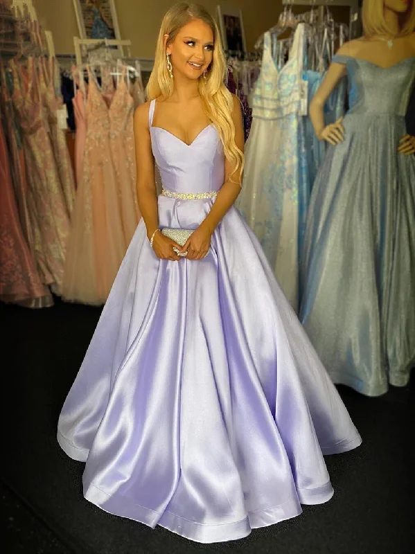 Season Sale A Line Spaghetti Straps V Neck Purple Satin Long Prom Dresses with Belt, V Neck Purple Formal Graduation Evening Dresses Contemporary Elegance