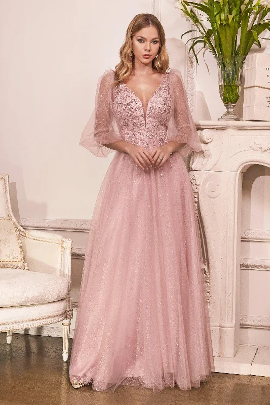 Feminine Luxe Style Sale Cinderella Divine CD0182 Long Sleeve Mother of the Bride Long Tulle Dress Mauve Minimalist Office - Ready Style
