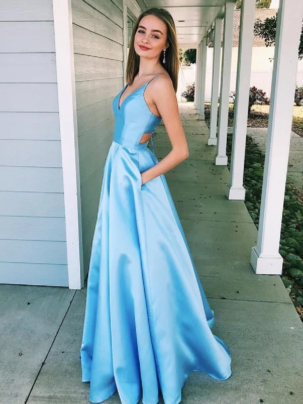 Summer Fashion Elegant Light Blue A Line V Neck Floor Length Satin Long Prom Dresses with Pocket, Light Blue Formal Dresses, Evening Dresses 2019 Lightweight Fabric