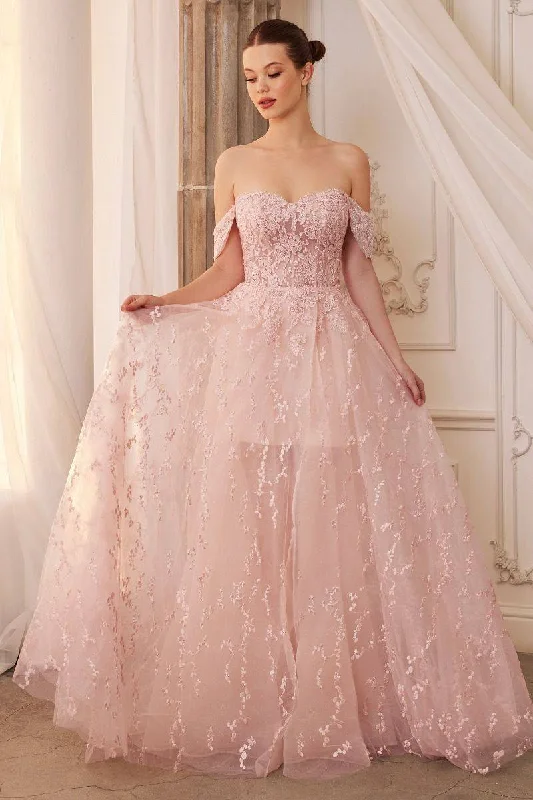 Clothing Sales Off Shoulder Sheer Laced Bodice Bouquet Lace A-line Overskirt Long Prom & Gala Dress CDA1207
