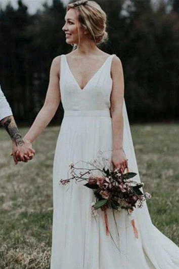 Modern Chic Discounts Elegant Watteau Plunging V-neck Goddess A-line Bridal Gown With Chapel Train Elegant Ensemble