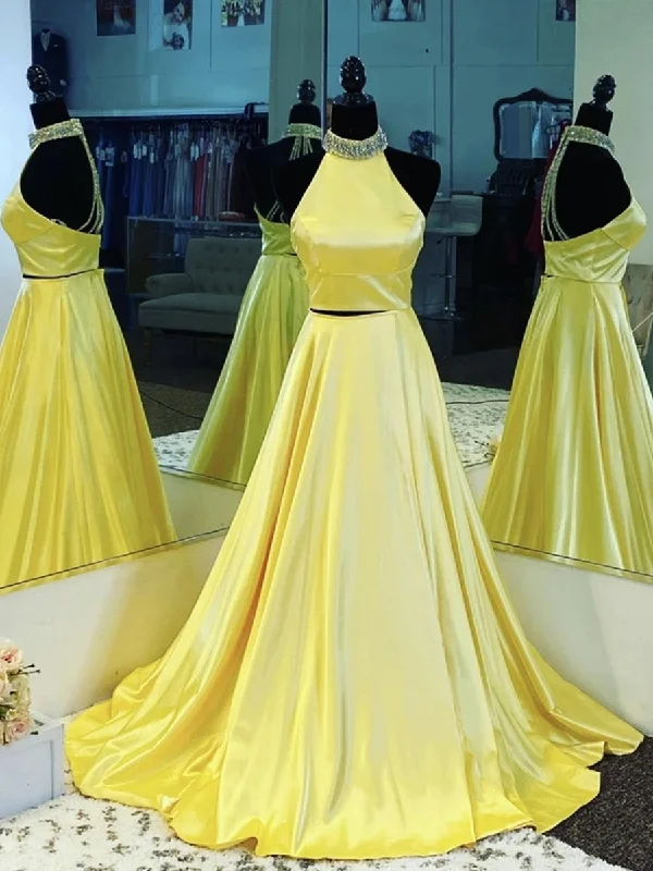 Big Savings Halter Neck Open Back 2 Pieces Yellow Satin Long Prom Dresses, Backless Two Piece Yellow Formal Graduation Evening Dresses Chic Allure