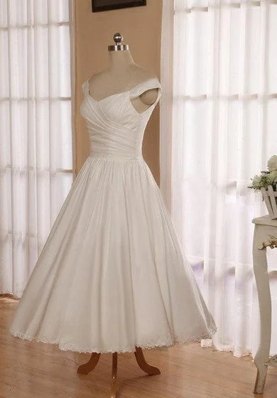 Fashion Sale V-Neck Sleeveless Button Back Tea-Length Satin Wedding Dress Cottagecore Rustic Charm Style