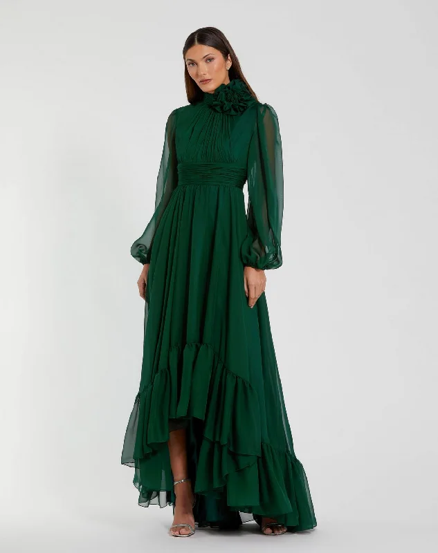 Spring Fashion Mac Duggal 56074 Long Sleeve High Low 3D Flower Formal Dress Feminine Soft - Hued Look