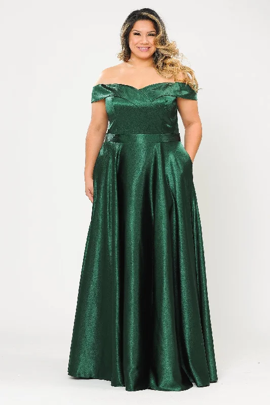Imeless Style Plus Size Long Off Shoulder Satin Dress by Poly USA W1058 Vintage Elegance