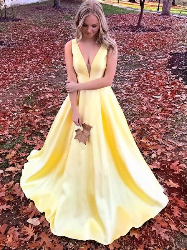 Timeless Style Promotions A Line V Neck Open Back Yellow Satin Long Prom Dresses, V Neck Yellow Formal Graduation Evening Dresses, Simple Party Dresses Disco - Inspired Retro Dance Look