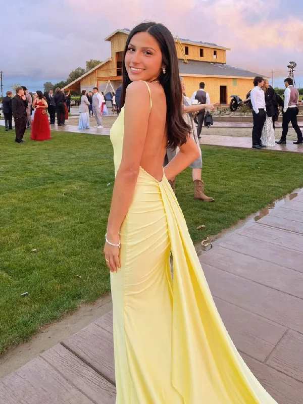 Absurdly Cheap Sale Yellow Straps Backless Mermaid Satin Long Party Dress, D184 Classic Appeal