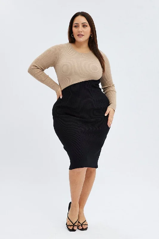 Unleash Your Trend Driven Style Beige Knit Dress Long Sleeve Color Block Save On Classic Elegant Styles