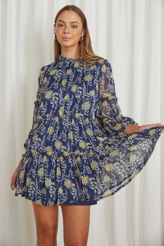 Stylish Deals Beatrix High Neck Balloon Sleeve Dress Floral Midnight Blue Feminine Elegance