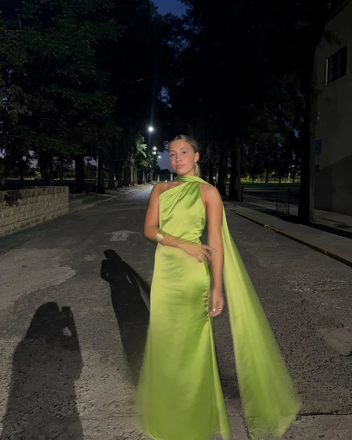 Bid Farewell To The Old Season Green Halter Mermaid Long Prom Dress Satin Formal Dresses, D98 Casual Elegance
