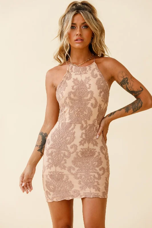Limited-Time Offer Peyton Halterneck Floral Embroidered Mesh Dress Mocha Y2K Nostalgic Fashion Look