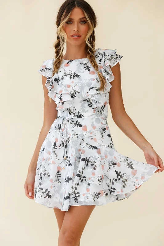 New Styles Just In Wilton Ruffle Shoulder A-Line Dress Floral Print White Parisian Effortless Chic Style