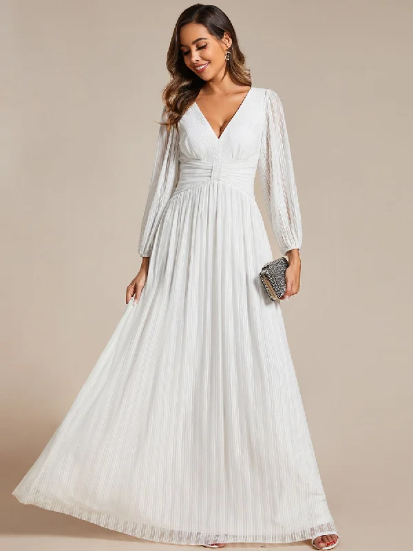Limited Time Maxi Long Chiffon Waist  V Neck Wholesale Evening Dress with Long Sleeves Sophisticated Cut