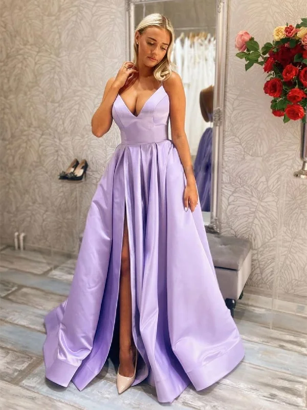 Boutique Styles Newest V Neck Purple Satin Long Prom Dresses with Slit, V Neck Purple Formal Dresses, Purple Evening Dresses Romantic Date - Night Ensemble