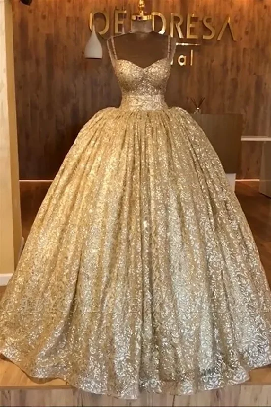 Classy Style Discounts Spaghetti Straps Gold Evening Dress | Luxury Ball Gown Princess Open Back Prom Dress S19116 Cottagecore Rustic Charm Style