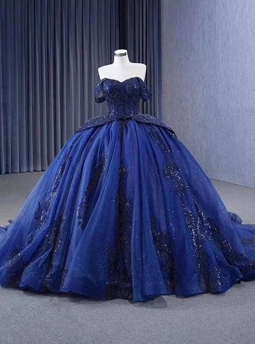 New Season Fashion Preview Sale Luxurious Off The Shoulder Sequins Beaded Tulle Ball Gown Navy Blue Birthday Prom Dress Y7681 Modern Romance