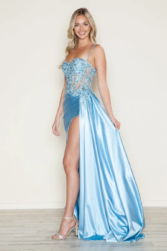 Polished Style Deals Embroidered Satin Corset Slit Gown by Poly USA 9740 Refined Look