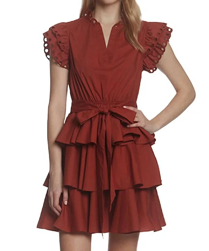Mega Sales Eyelet Ruffle Trim Belted Mini Dress In Spice