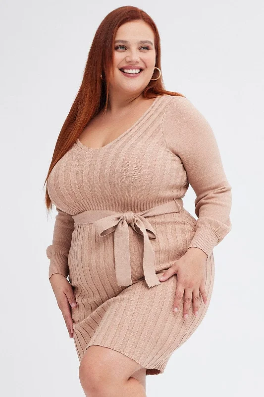 Unleash Your Trendy Side Beige Knit Dress Long Sleeve Wide Rib Belted Score Big On Glamorous Red - Carpet Styles
