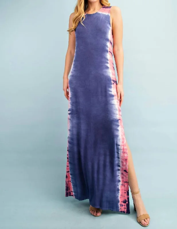 Relaxed Style Jersey Tie Dye Maxi Dress In Navy Effortless Sophistication