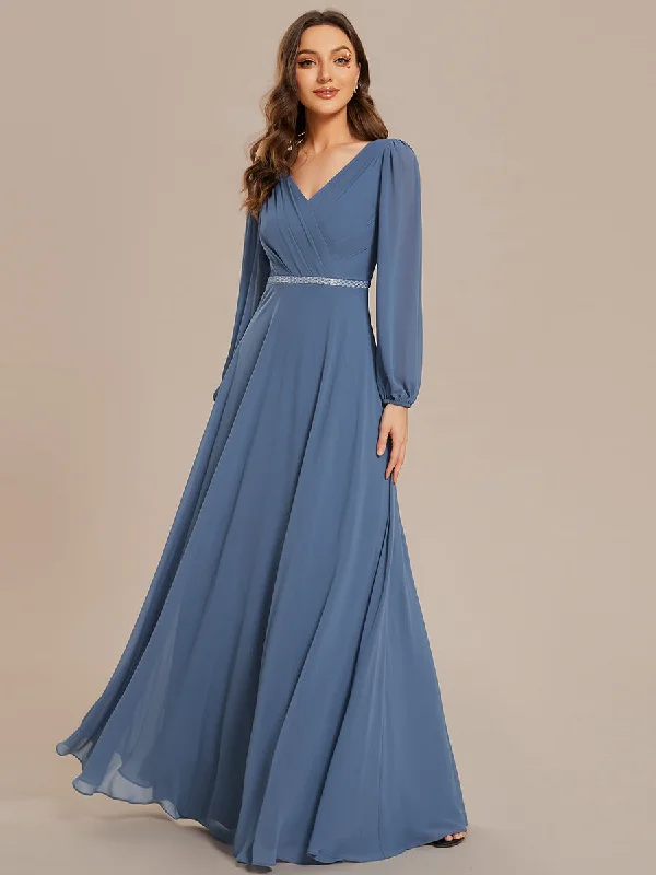 Contemporary Casual Deals Elegant waisted chiffon V-neck long sleeve guest dress wholesale Seasonal Trend