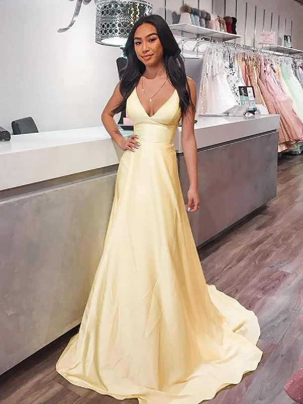 Urban Fashion V Neck Yellow Satin Long Prom Dresses, Long Yellow Formal Graduation Evening Dresses Art Deco Geometric Pattern Look