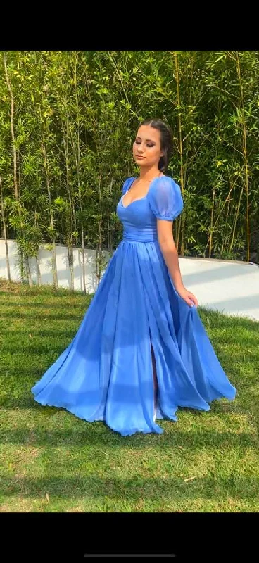 Mega Sales Retro A-line Blue Prom Dress with Puffy Sleeves,Backless Prom Gown Y4300 Luxury Style