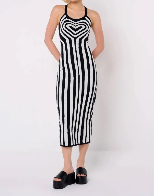 Easy Elegance Sales Monochrome Heart Illusion Knit Midi Dress In Black/white Subtle Sophistication