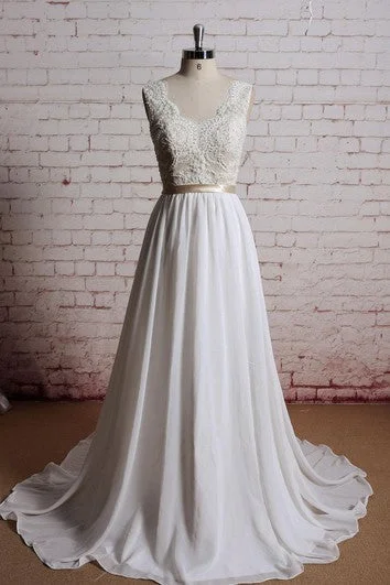 Best-Sellers A-Line Chiffon Sleeveless Dress With Lace Bodice and Satin Bow Sash Sleek Design