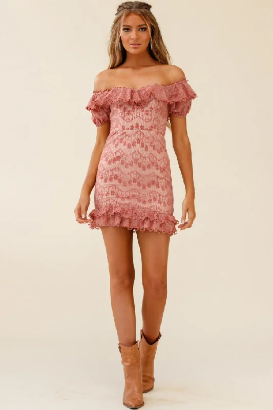 Hot Brand Discounts Bobby Bardot Neckline Floral Lace Overlay Dress Rose Weekend Special