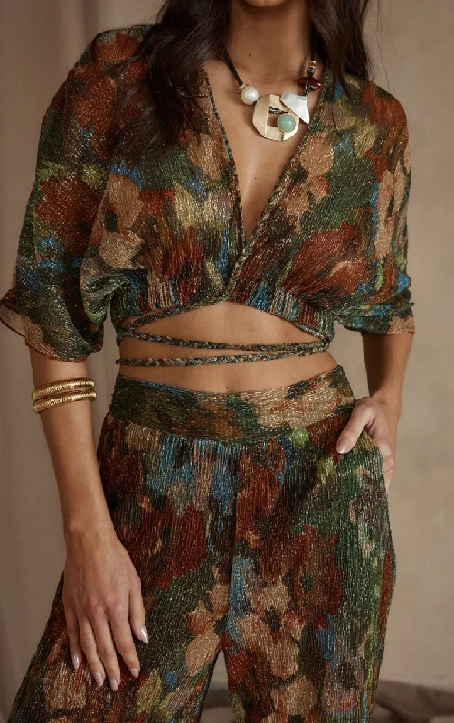 Fashion Sale Kaia Multicolor Metallic Floral Crop Top Feminine Flow