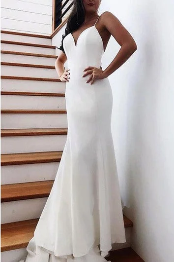 Retro Style Promotions Elegant Satin Mermaid Spaghetti Long Wedding Dress with Bow Luxury Style