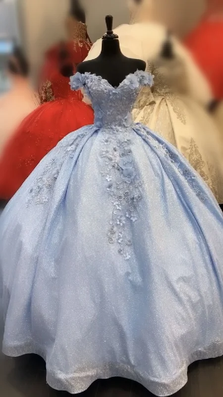 Best Sellers Blue 3D Flowers Puffy Ball Gown Quinceanera Dresses Off The Shoulder Pageant Dress Y4209 Dreamy Aesthetic