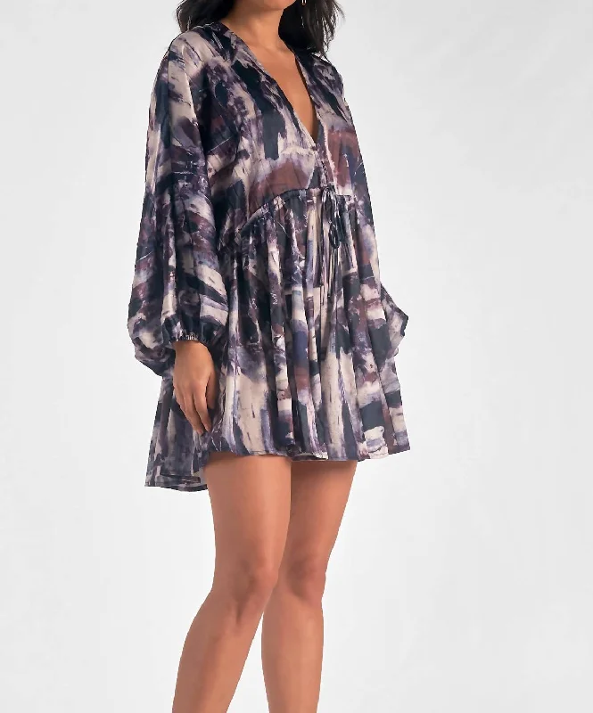 Classy Style Discounts Long Sleeve Print Dress In Blue Marble Artful Design