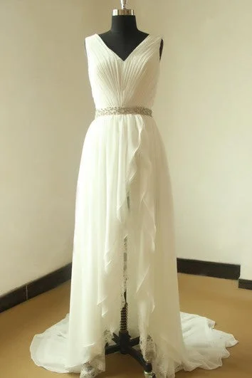 Feminine Style Promotions Chiffon Lace Weddig Dress With Beading Sash Ribbon Flowy Fabric