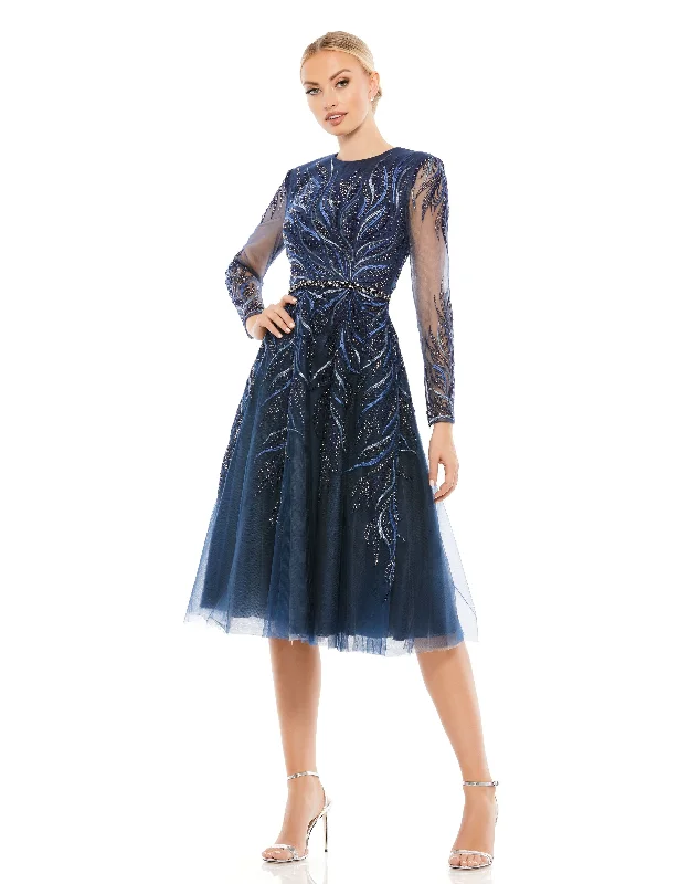 Daily Deals Mac Duggal 11136 Long Sleeve Beaded Cocktail Tea Length Dress Artful Design