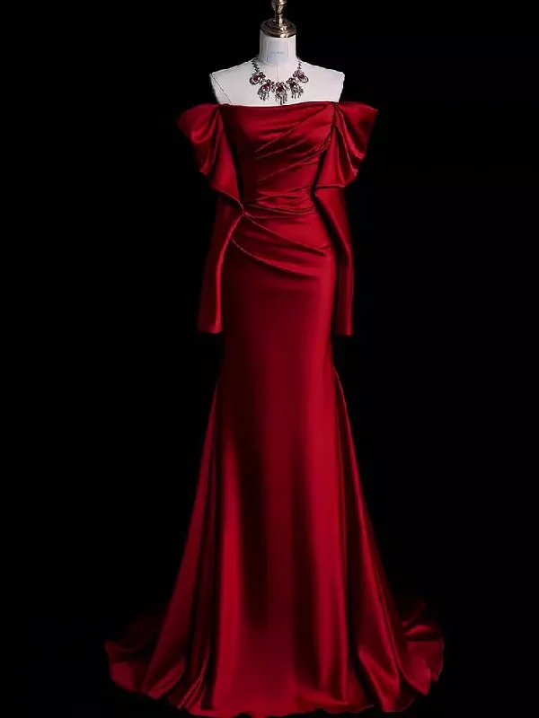 Summer Deals Elegant Off Shoulder Mermaid Satin Red Long Prom Dress Formal Party Dress, D349 Tropical Island - Inspired Attire