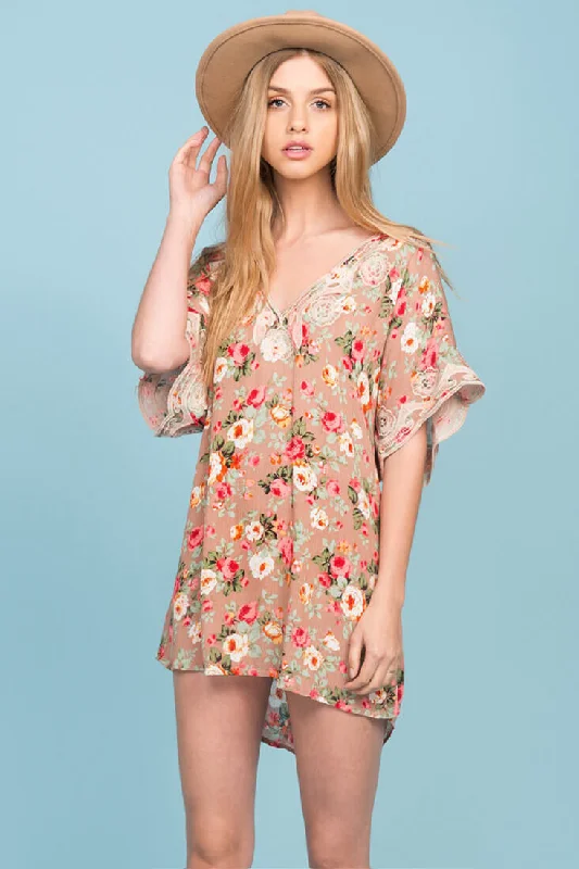 Fashion Forward, Function First Brynn Floral Embroidered Tunic Dress Mocha Vintage Elegance