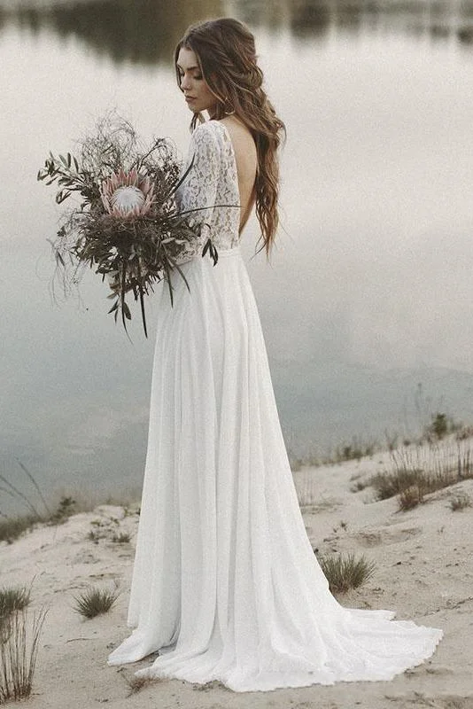 Trend Leading Collection A line Long Sleeve V-back Boho Wedding Dress Big Savings On Rustic Countryside Styles