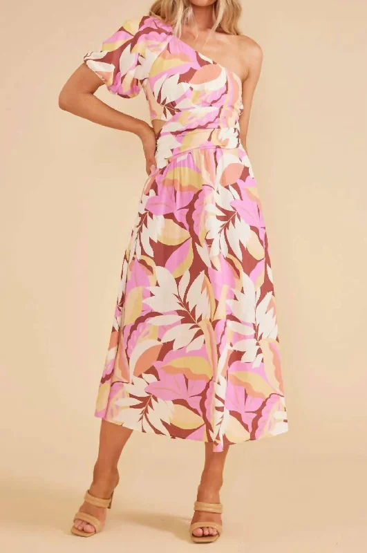 Fashion Sale Kali One Shoulder Midi Dress In Pink Multi Seasonal Trend